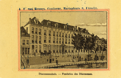 711279 Reclamekaart van A.F. van Rennes, Confiseur, Mariaplaats 9 te Utrecht, met een litho van Diaconessenhuis in ...